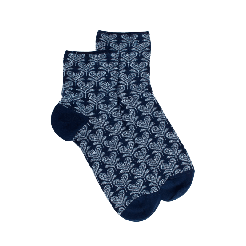 Korte damessokken van lisle met hartvormig bloempatroon met glinsterend effect - Zeilboot Blauw | Doré Doré