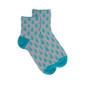 Korte damessokken van lisle met hartvormig bloempatroon met glinsterend effect - Blauw | Doré Doré