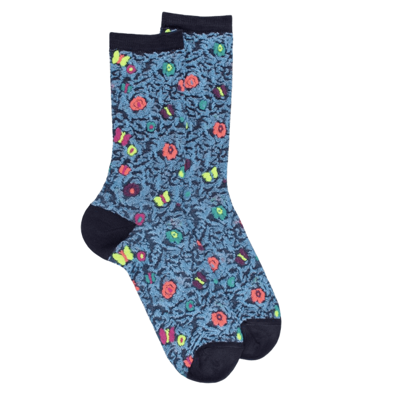 Viscose sokken met bloemen en vlinder - Blauw