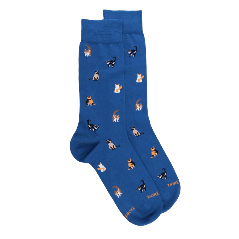 Katoenen herensokken met kattenprint - Cosmos Blue