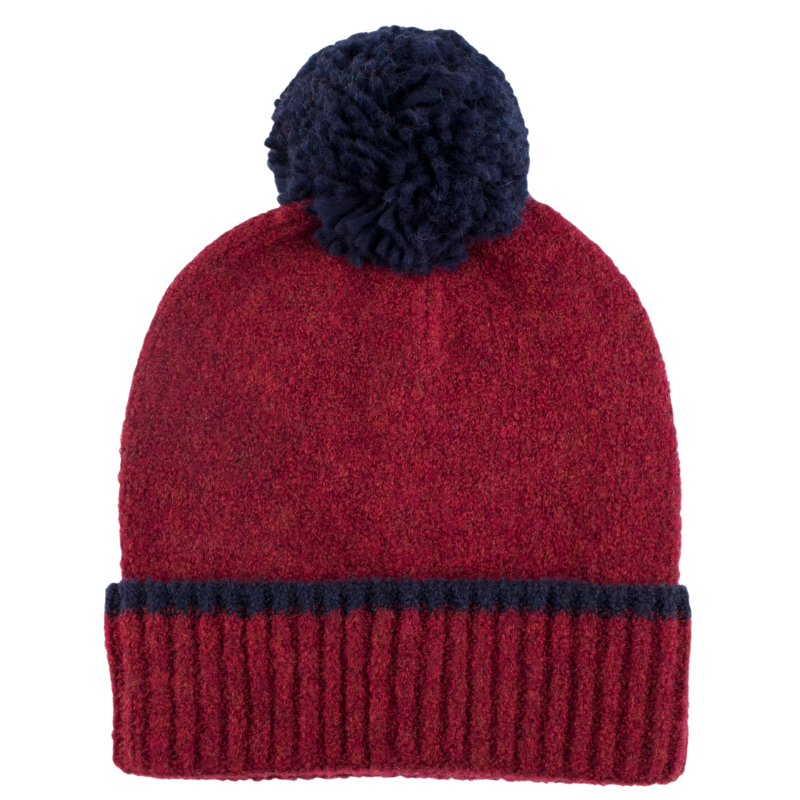 Fleece muts met pompon - Donkerrood en blauw